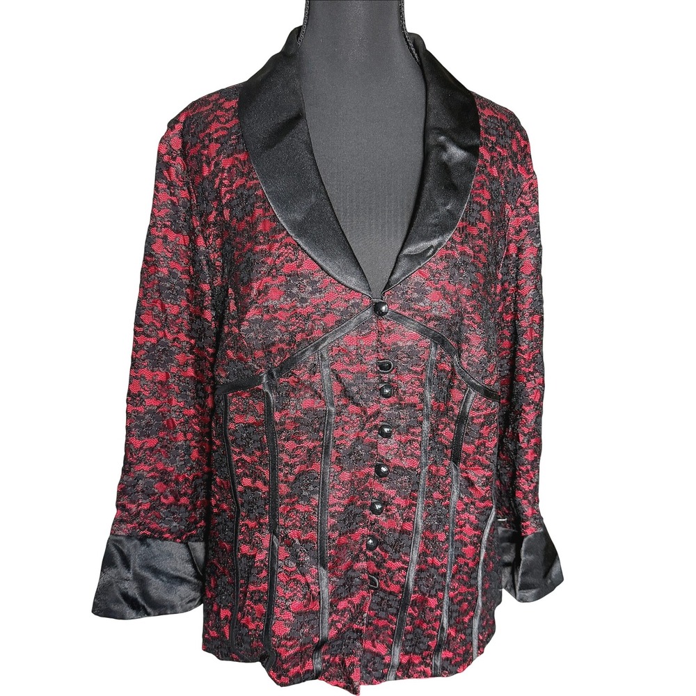 VTG J.R. Nites Black Red Lace Satin‎ Corset Trim Blazer Jacket Sz 16W Whimsygoth